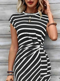 Striped Round Neck Cap Sleeve Midi Dress.