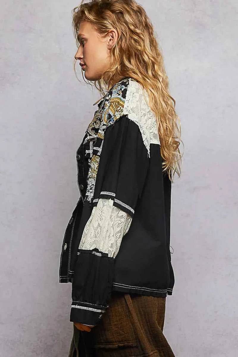 POL Printed Woven Mix Raw Hem Jacket with Lace Detail.