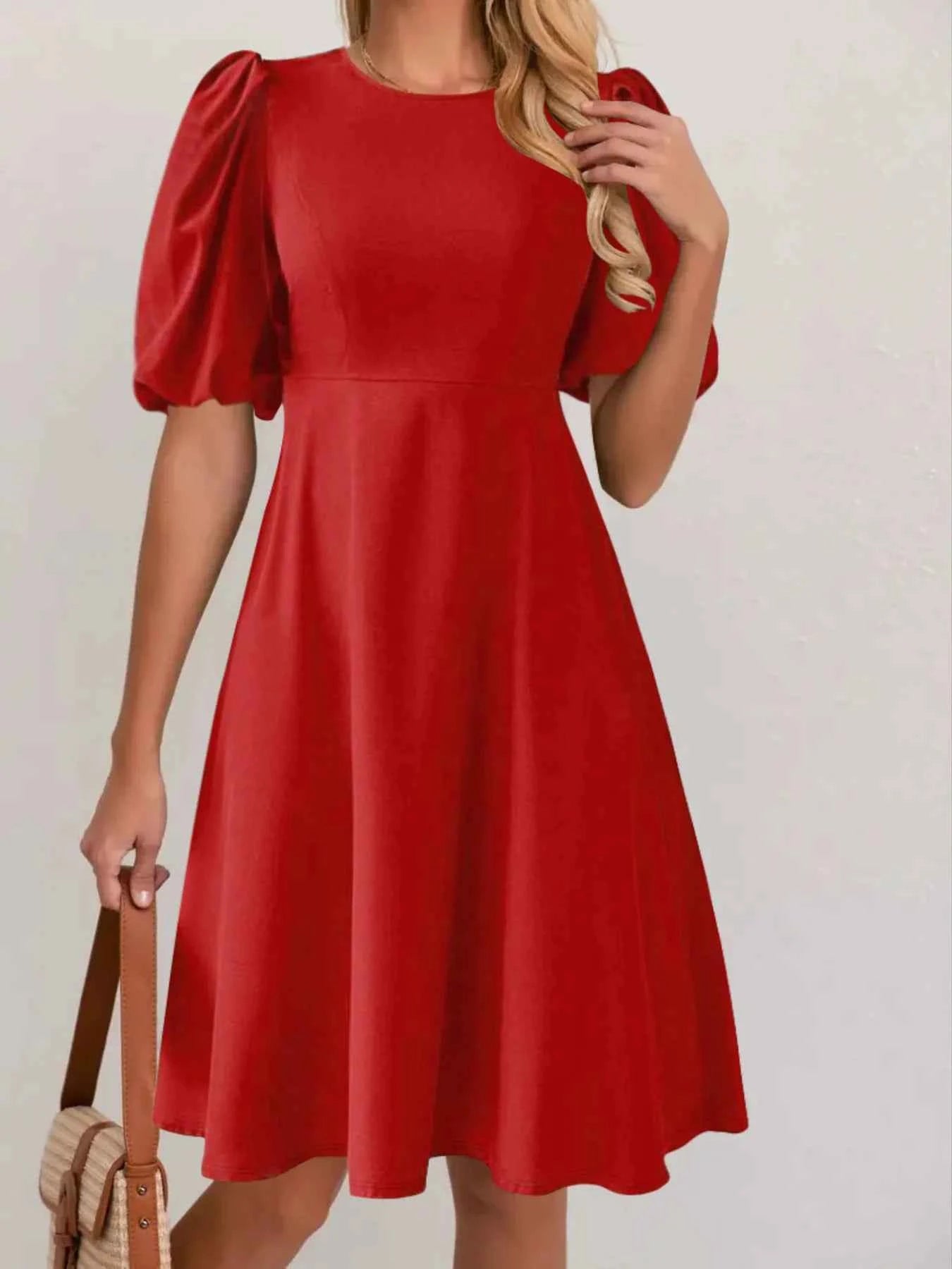 Round Neck Puff Sleeve A-Line Dress.
