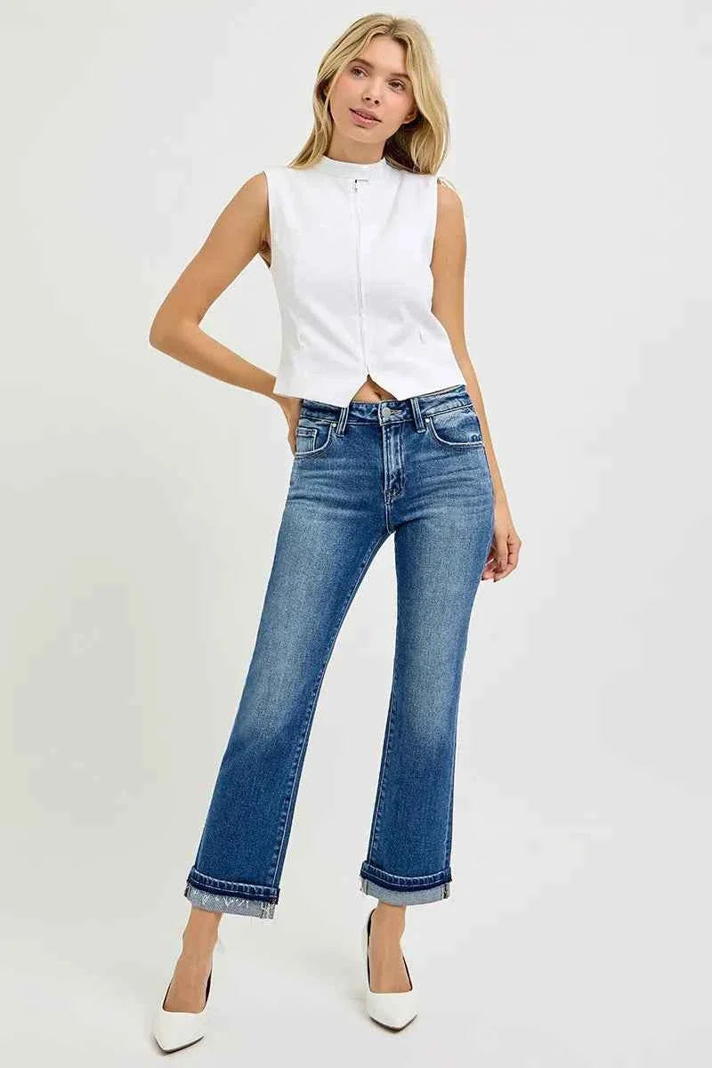 RISEN Mid Rise Ankle Straight Cuffed Jeans.