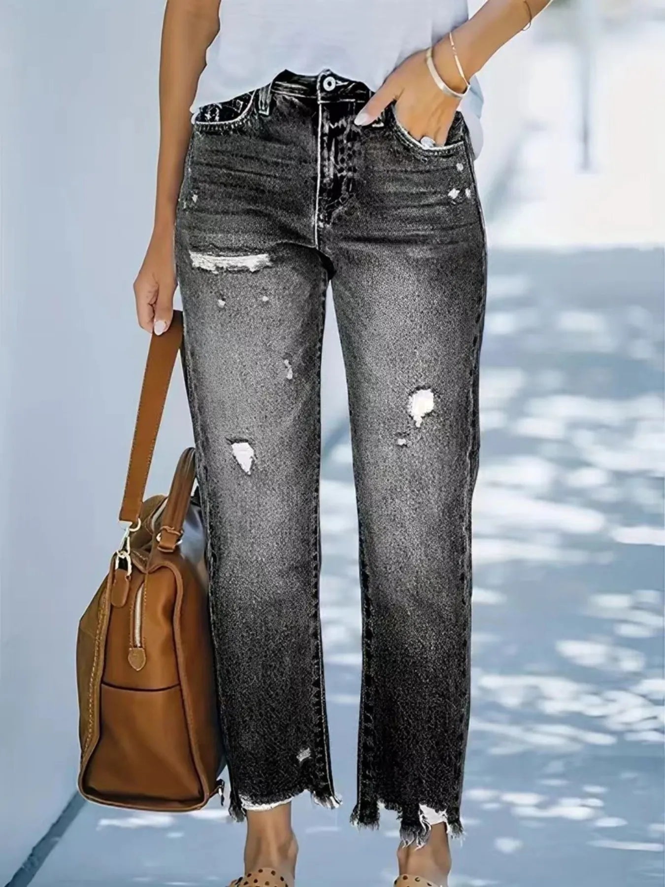 Distressed Straight Leg Jeans.