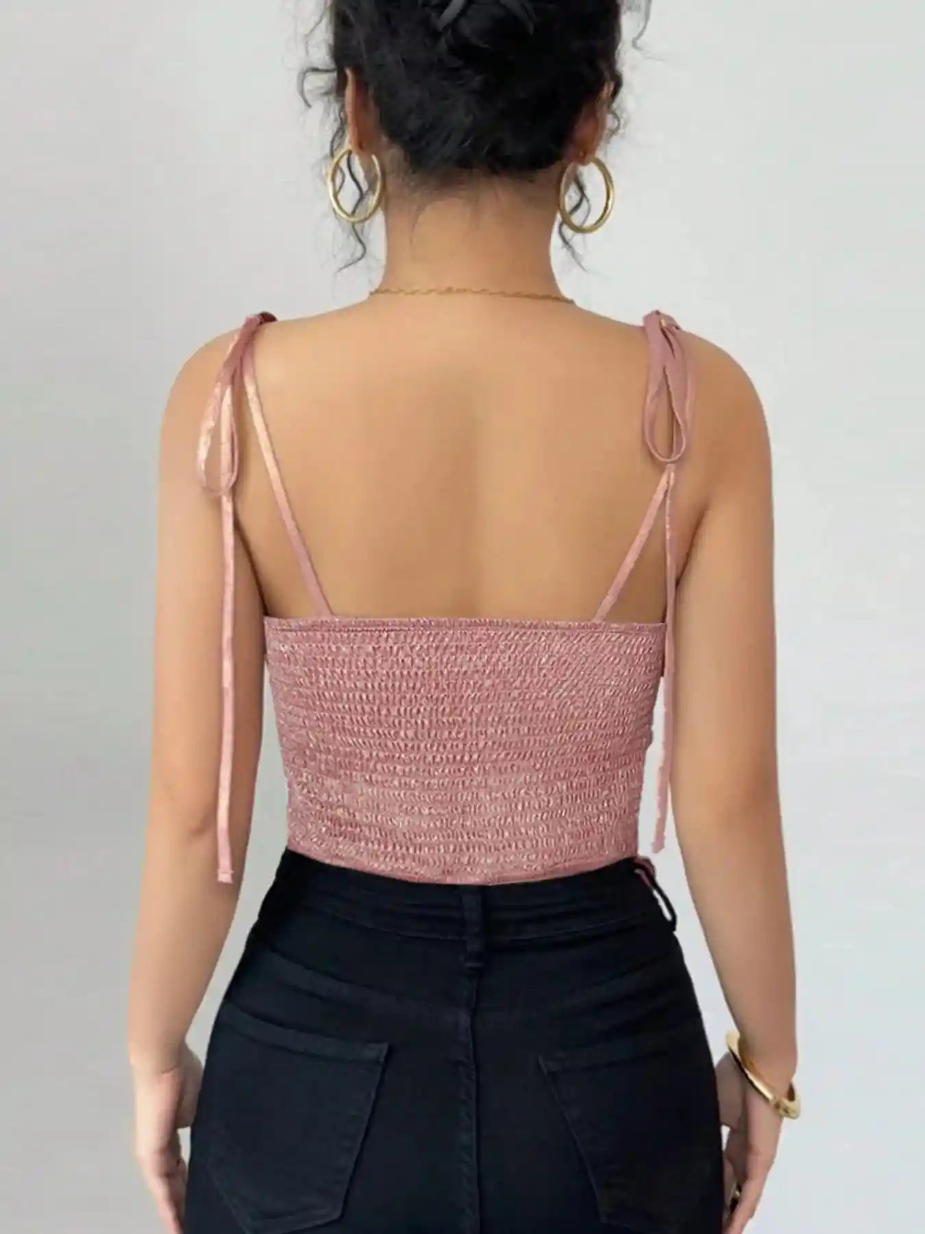 Tie Shoulder Cami Top with Ruched Detail.