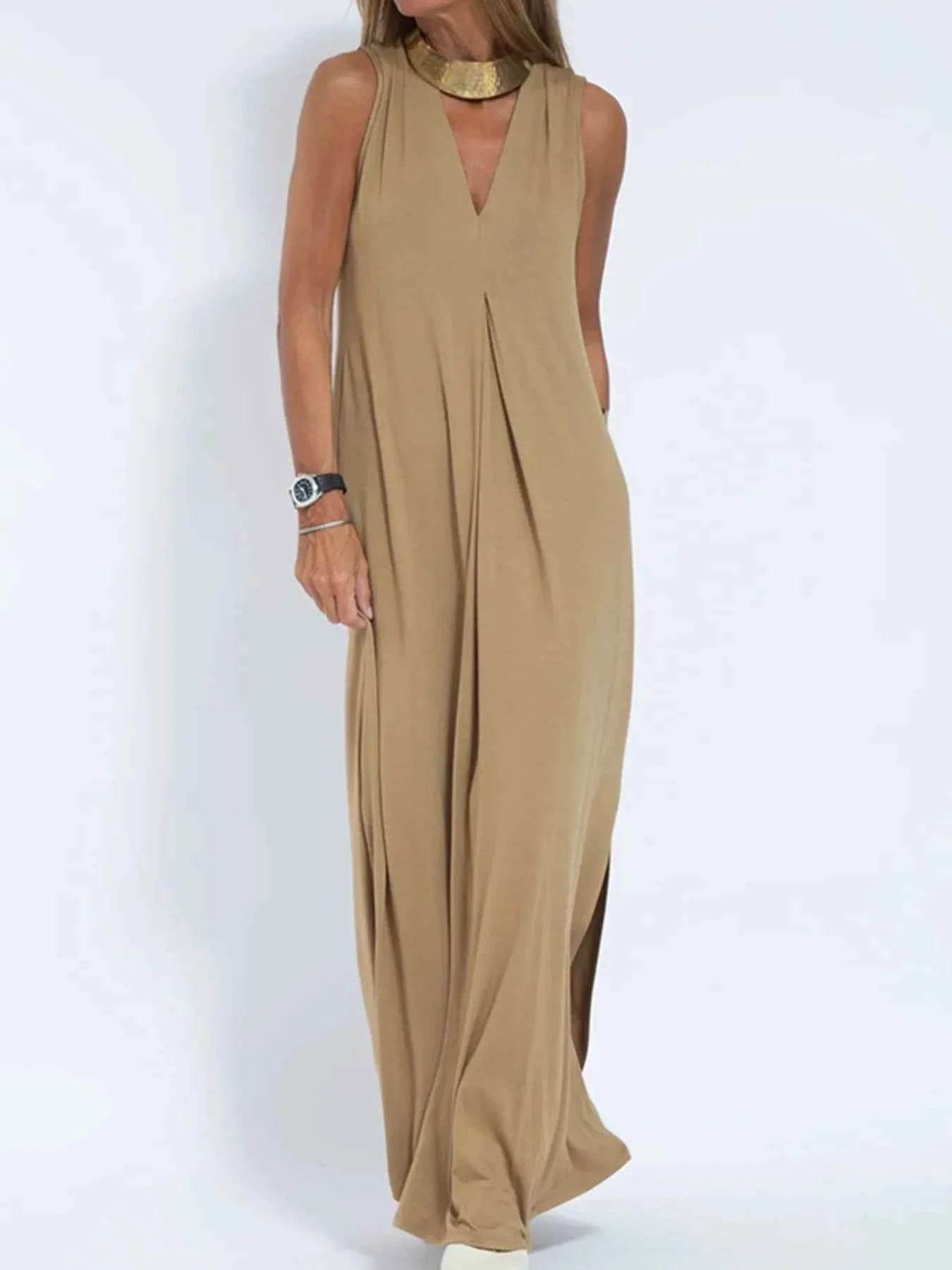 Plus Size V-Neck Sleeveless Maxi Dress with Slit.