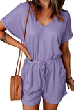 Full Size Drawstring V-Neck Short Sleeve Romper.