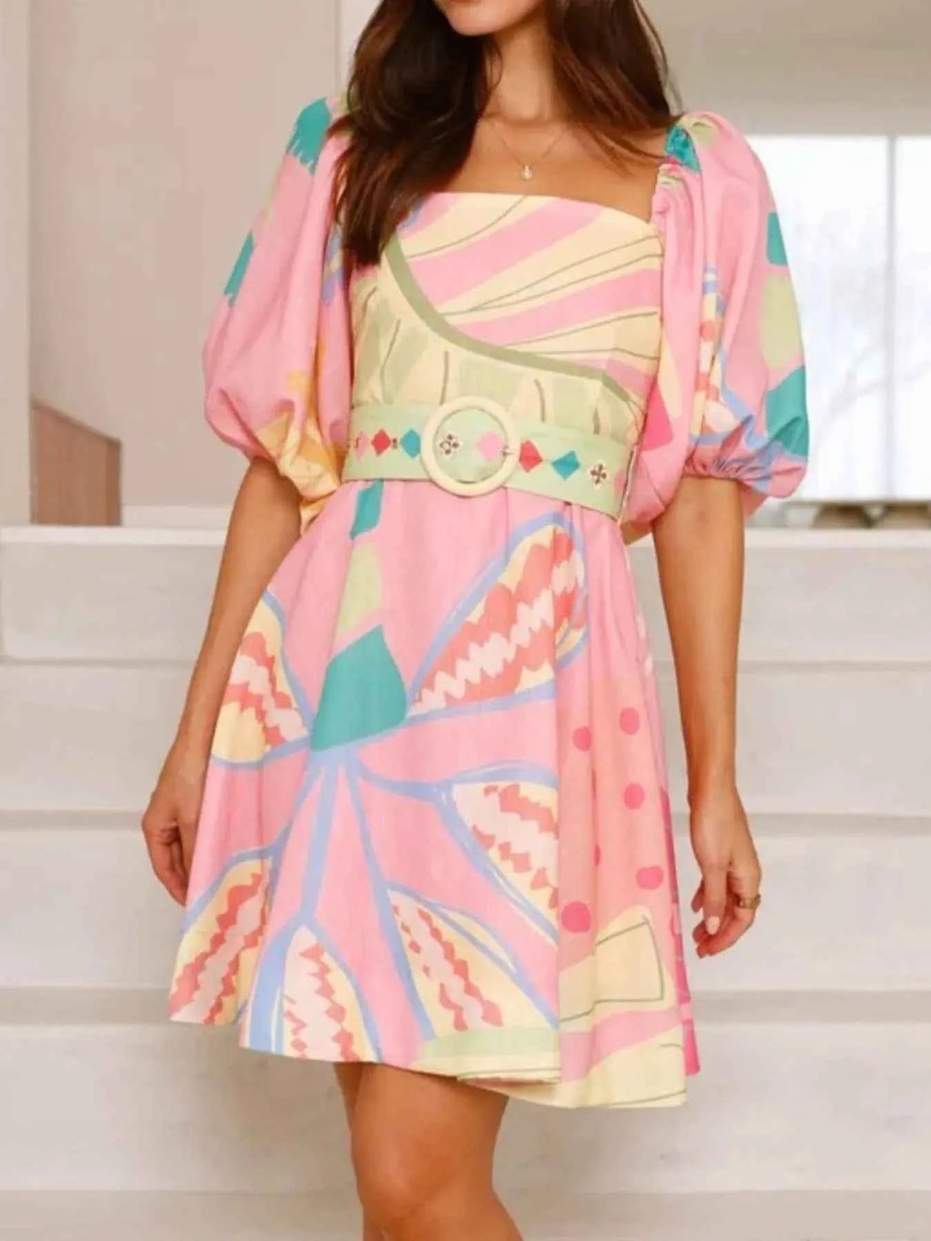 Printed Square Neck Puff Sleeve Dress.