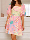 Printed Square Neck Puff Sleeve Dress.