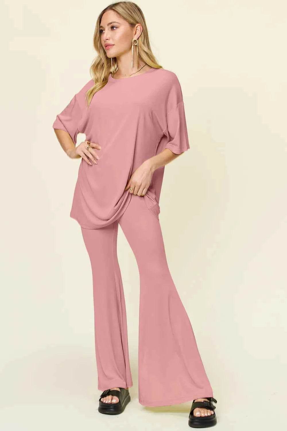 Double Take T-Shirt and Pants Set: Full Size Round Neck Drop Shoulder Style with Flare Pants - EBYNN