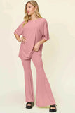 Double Take T-Shirt and Pants Set: Full Size Round Neck Drop Shoulder Style with Flare Pants - EBYNN