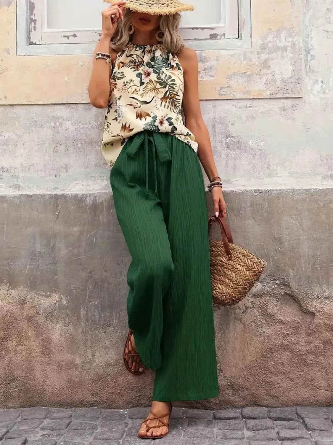 Printed Tank Top and Wide Leg Pants Set for Effortless Style - EBYNN
