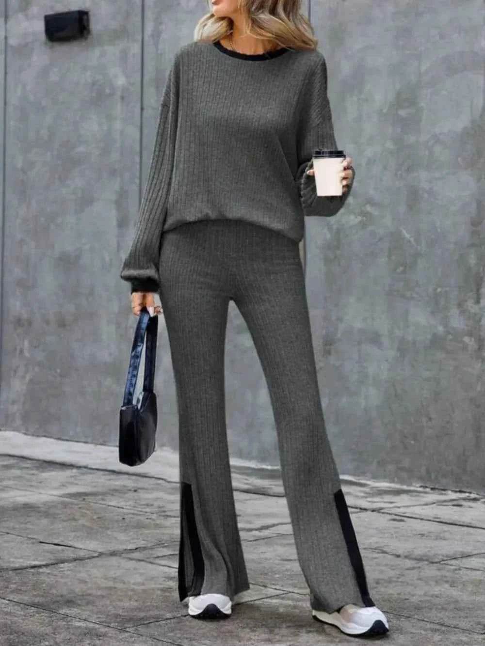 Contrast Round Neck Long Sleeve Top & Bootcut Pants Set.