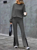 Contrast Round Neck Long Sleeve Top & Bootcut Pants Set.