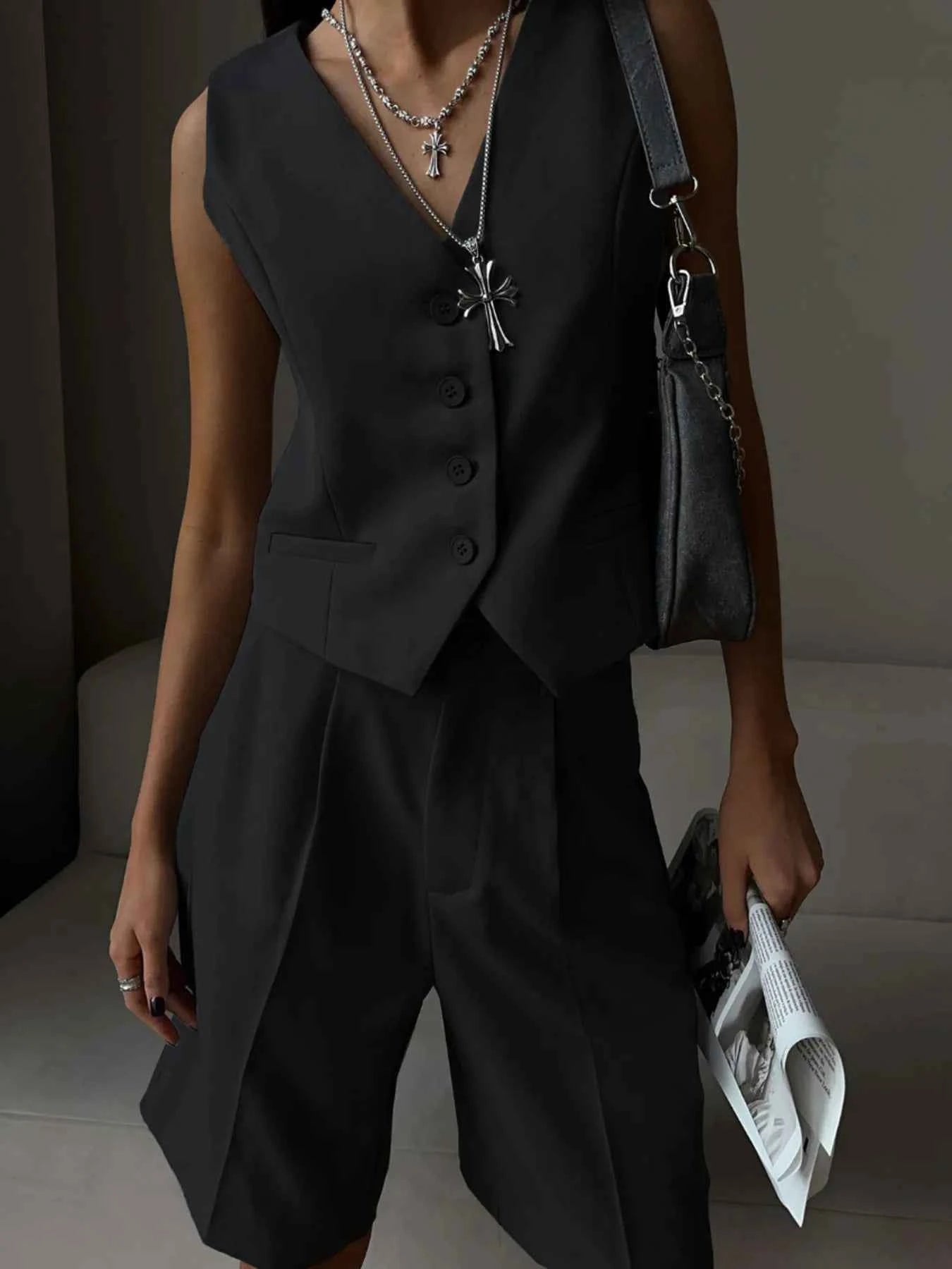 V-Neck Vest and Pants Two-Piece Blazer Set.