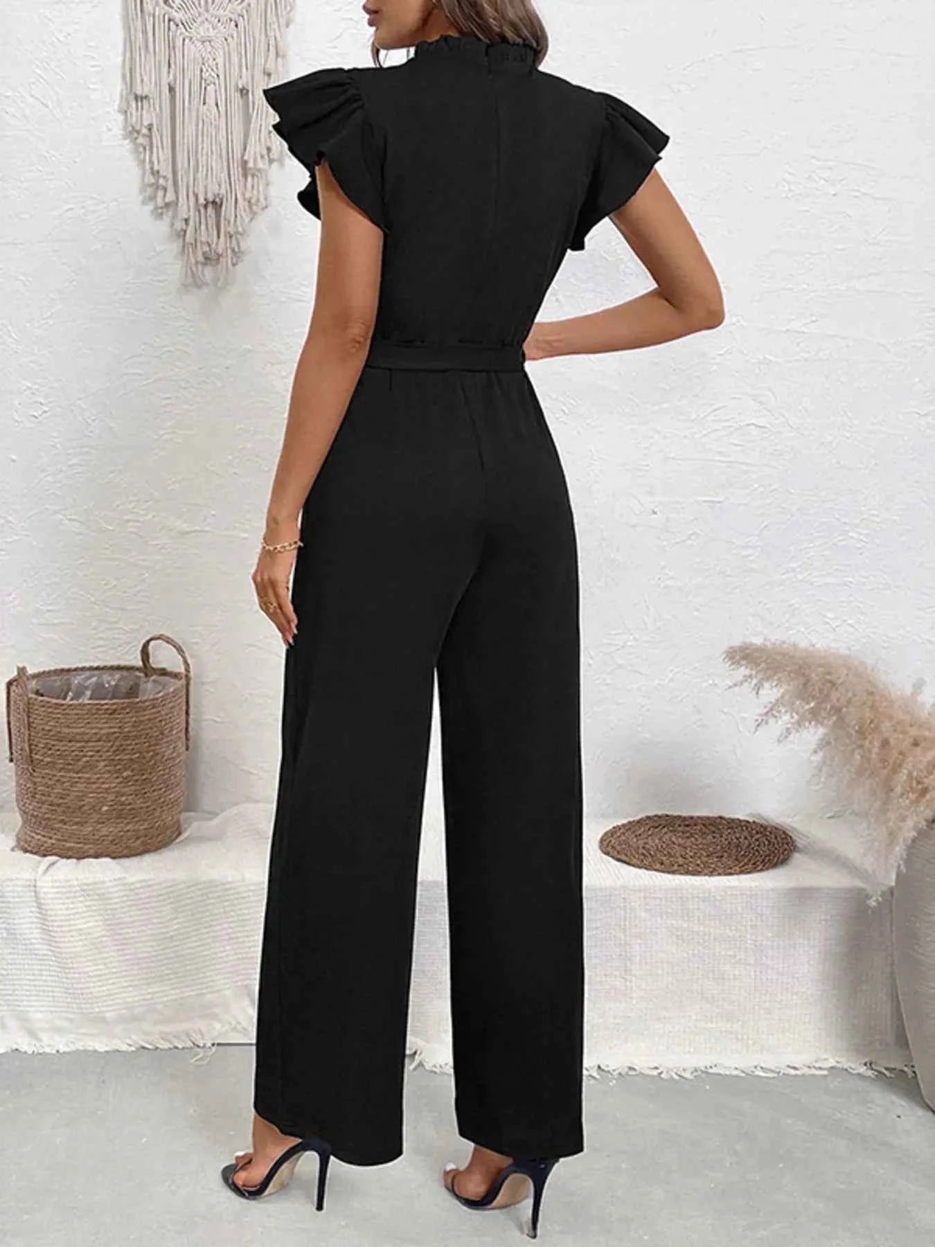 Pearl Detail Ruffled Cap Sleeve Jumpsuit.
