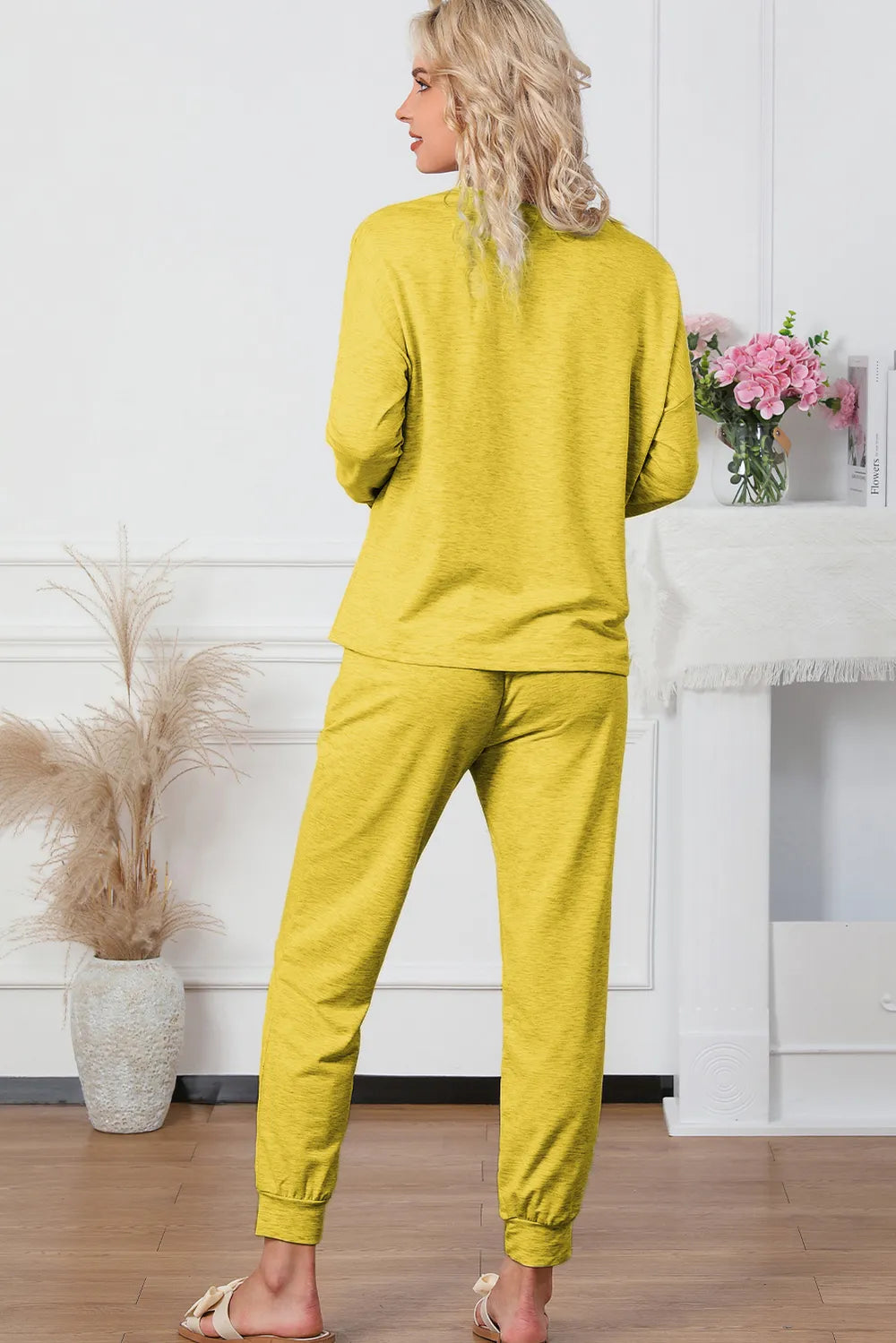 Round Neck Top and Drawstring Pants Lounge Set.
