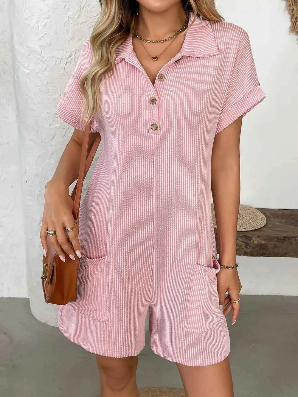 Button Detail Collared Neck Short Sleeve Romper.