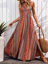 Tied Back Printed Sleeveless Maxi Dress with Slit.