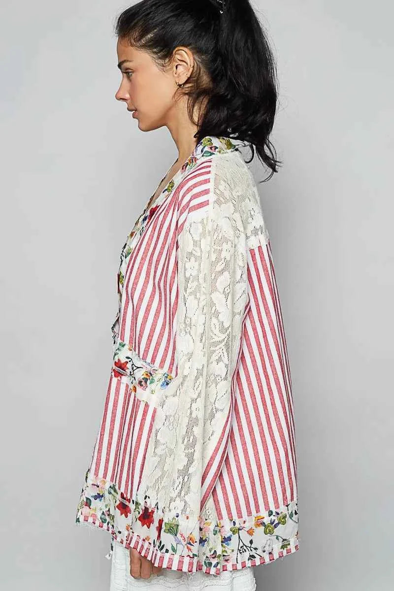 Lace Long Sleeve Striped Cardigan with Floral Patchwork.