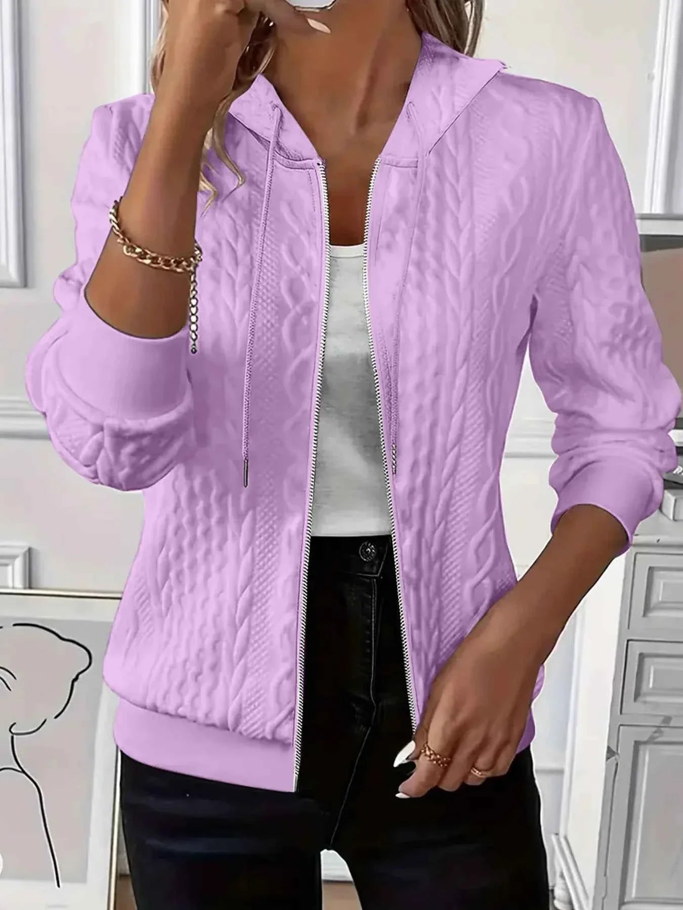 Drawstring Zip Up Hooded Jacket.