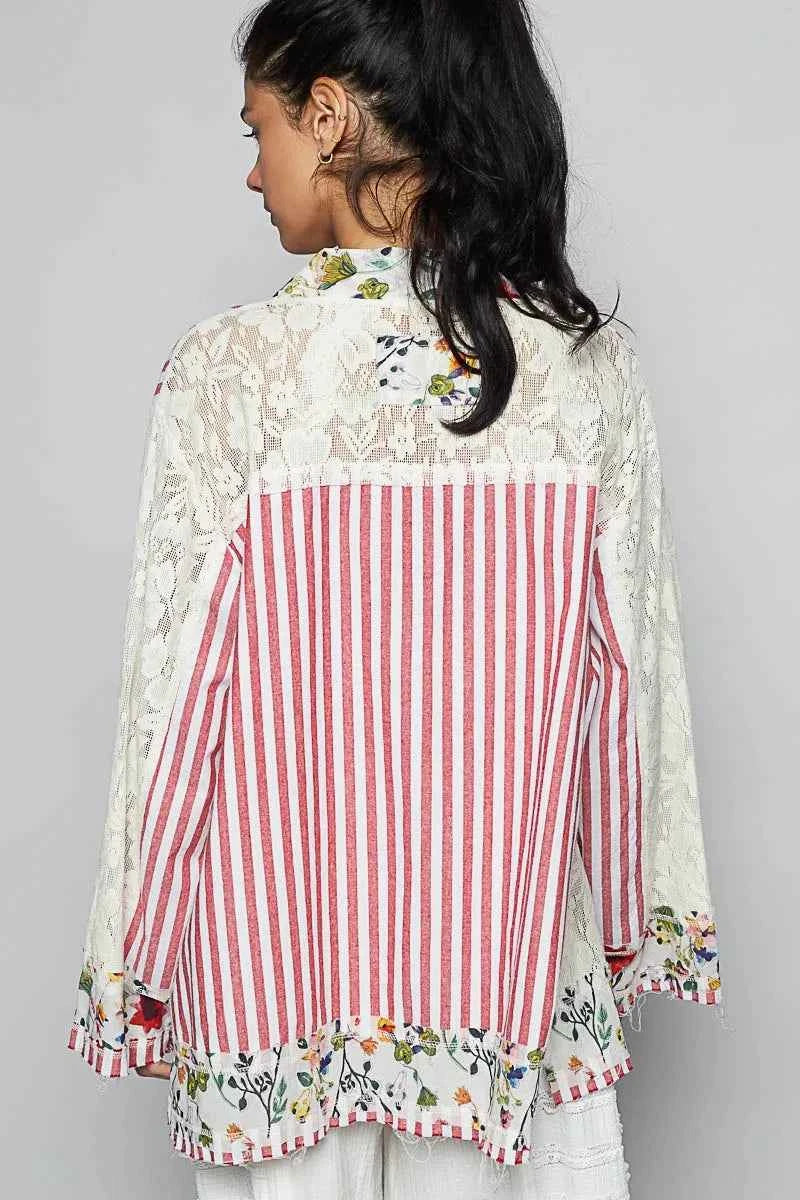 Lace Long Sleeve Striped Cardigan with Floral Patchwork.
