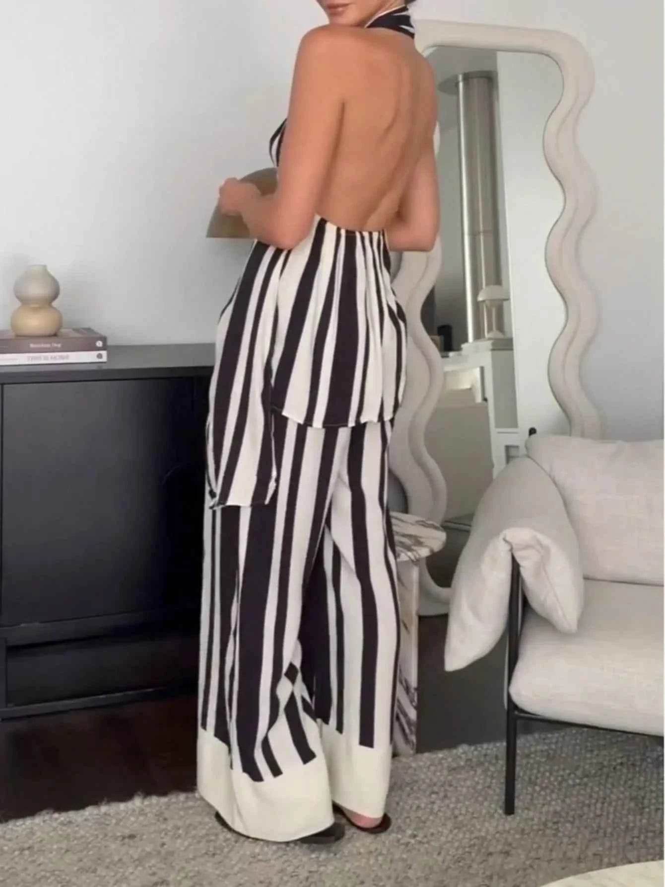 Striped Halter Neck Top and Pants Two-Piece Set - EBYNN