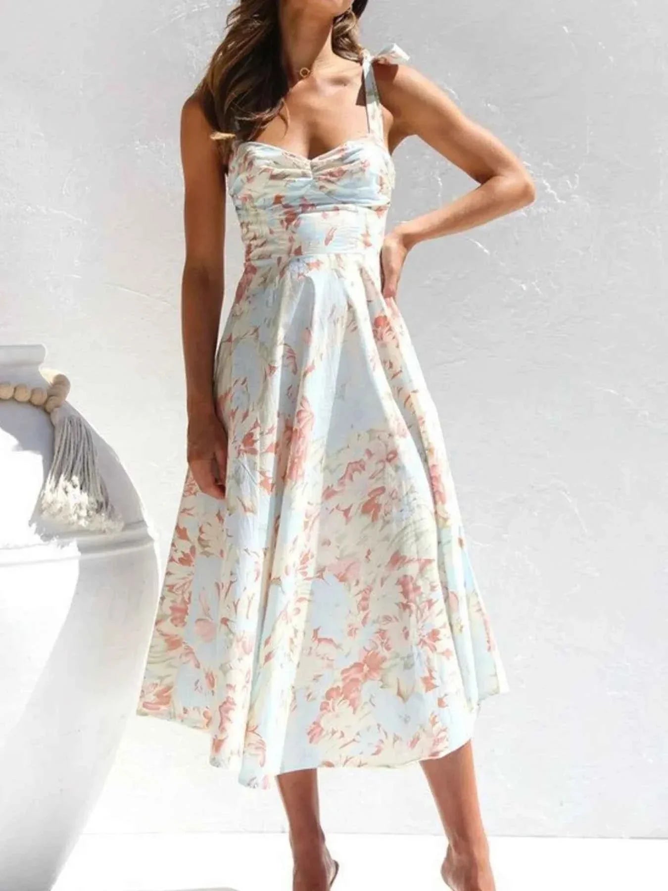 Floral Tie-Strap Sweetheart Neck Midi Dress.