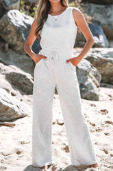 Solid Color High Waist Sleeveless Jumpsuit with Drawstring.