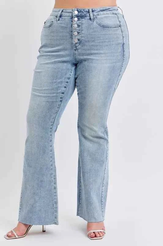 Judy Blue Plus Size Mid Rise Flare Jeans with Rhinestone Detail.