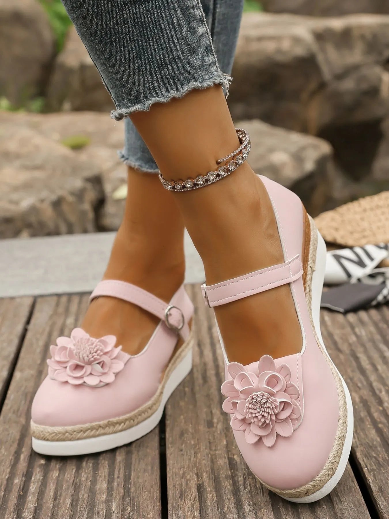 Flower Embellished Mary Jane Loafers.