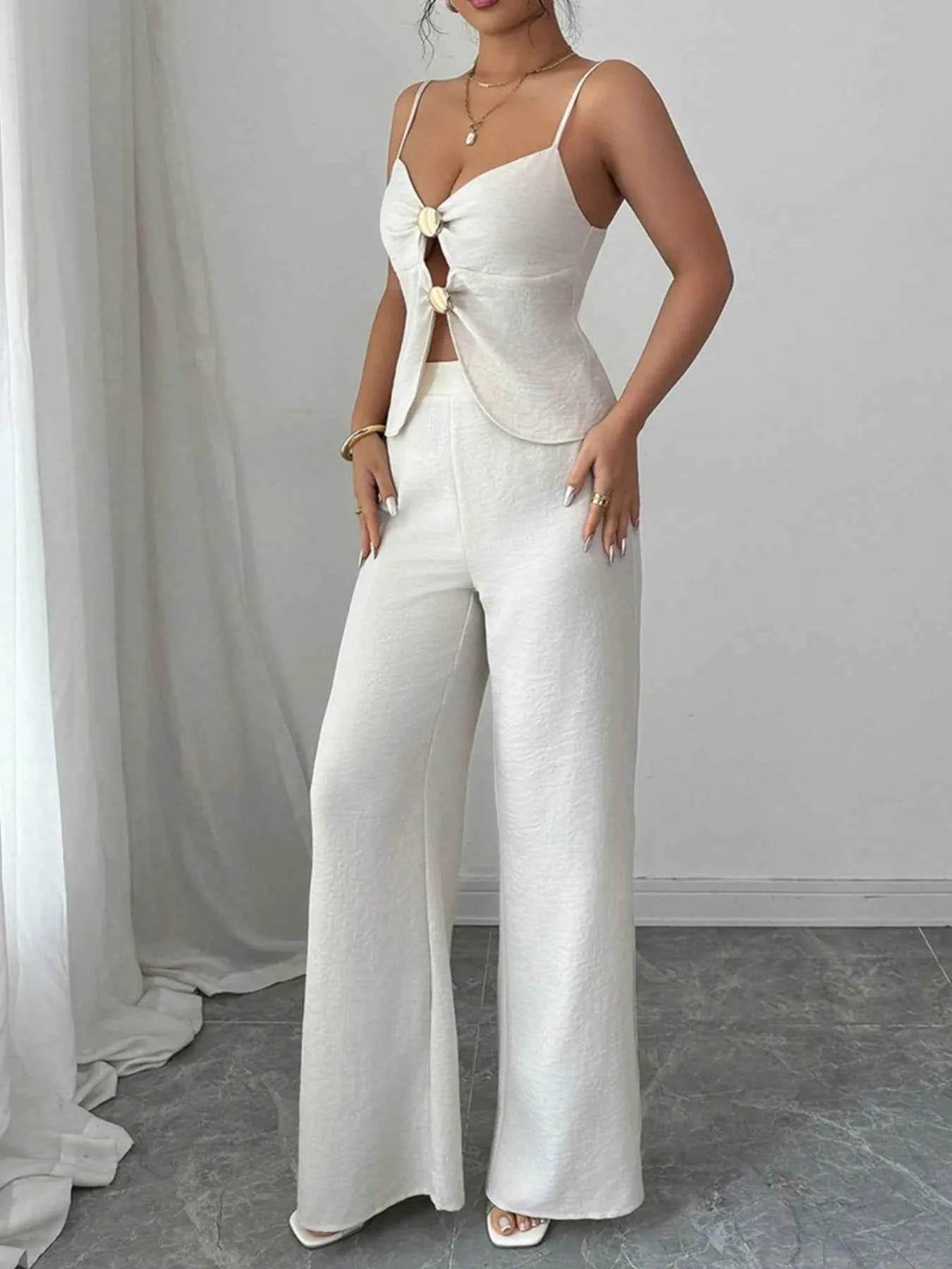 Cutout Back Zipper Cami & Wide Leg Pants Set - EBYNN