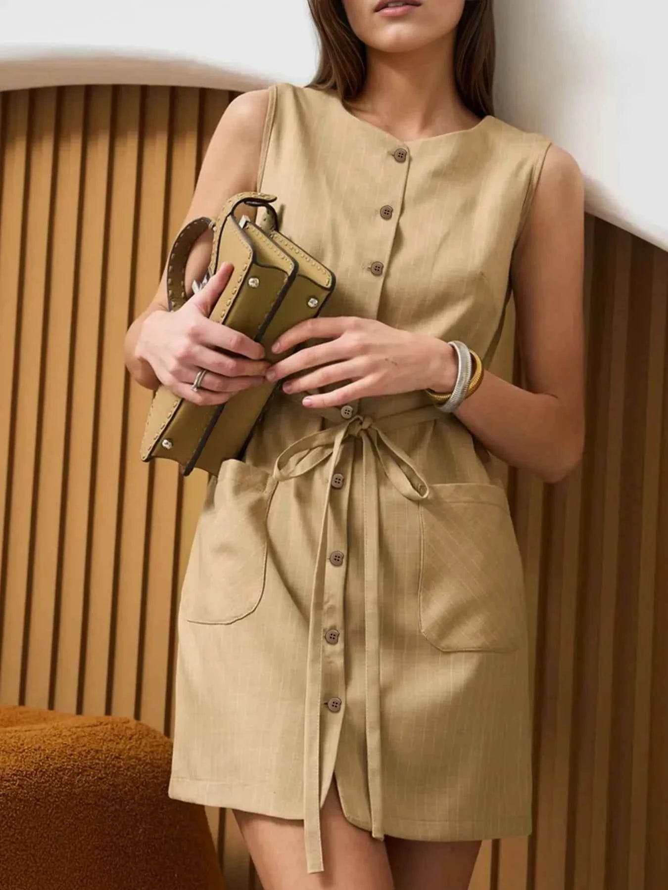 Button-Front Sleeveless Mini Dress with Tie Waist.