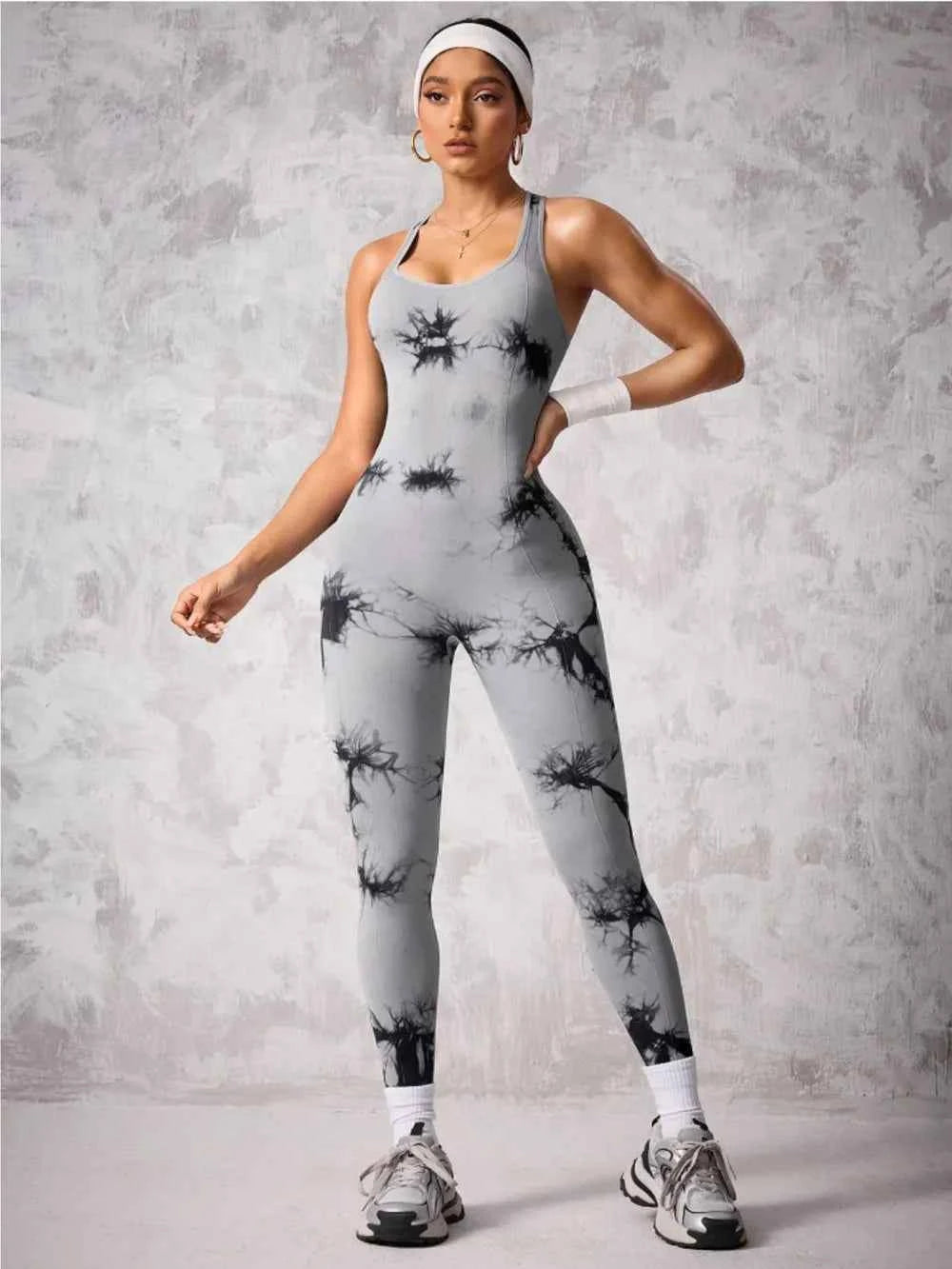 Back Crisscross Tie-Dye Scoop Neck Active Jumpsuit.