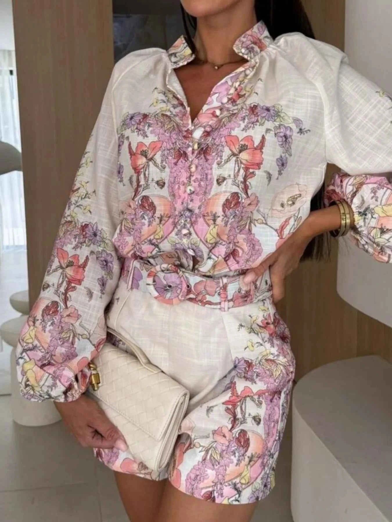 Printed Long Sleeve Shirt and Shorts Set.