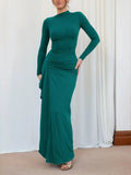Ruched Long Sleeve Maxi Dress with Slit.