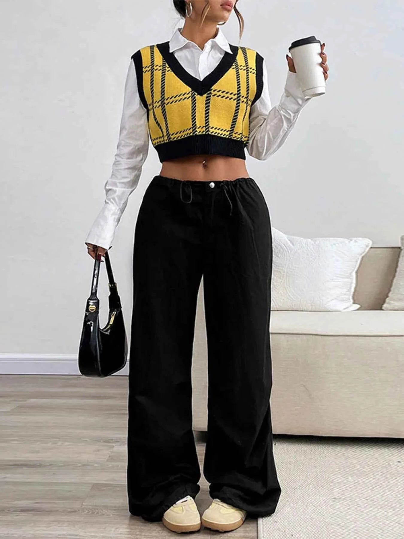 Plaid V-Neck Cropped Sweater Vest.