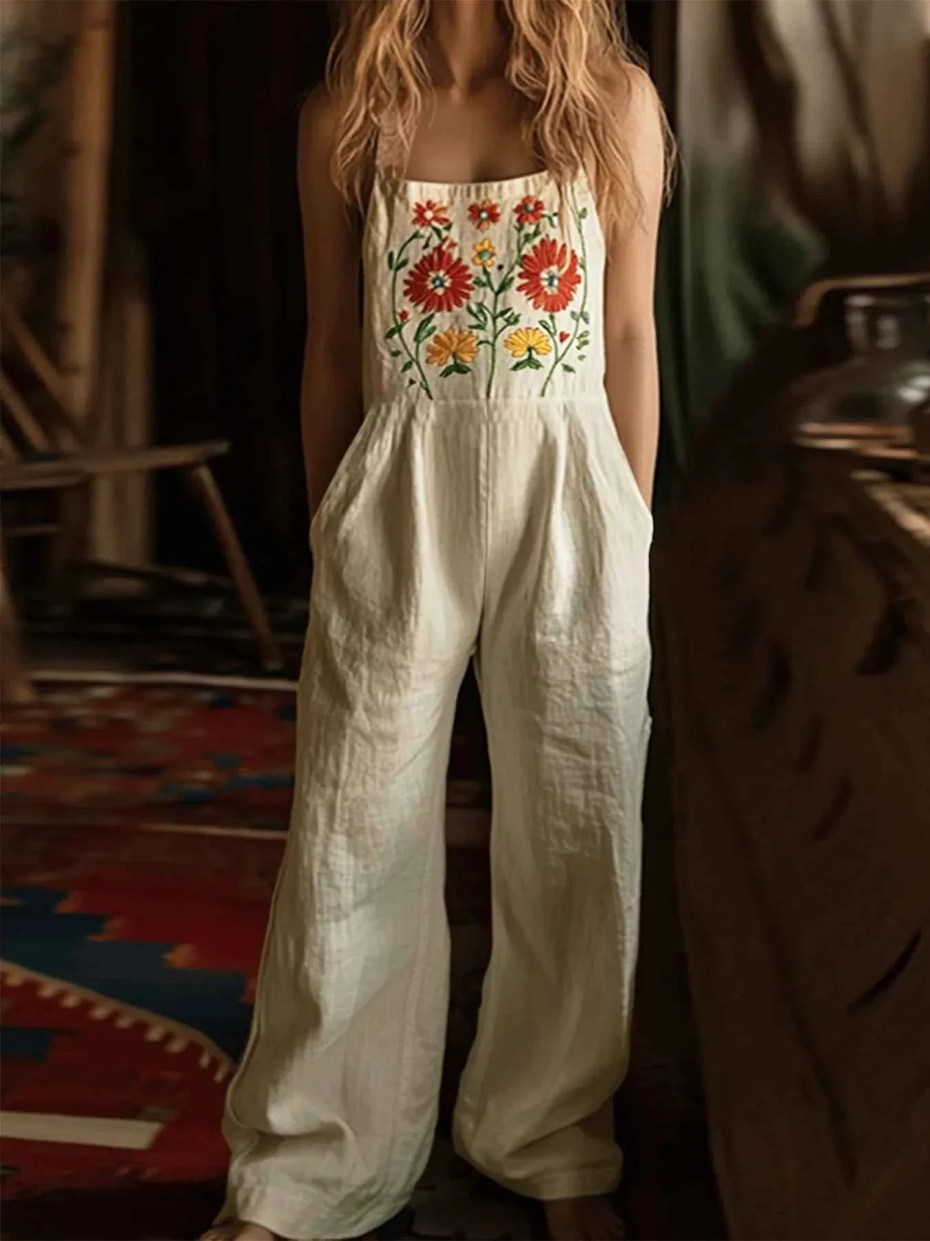 Floral Embroidered Wide Leg Jumpsuit.
