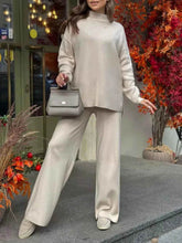 Slit Mock Neck Top and Pants Sweater Set - EBYNN