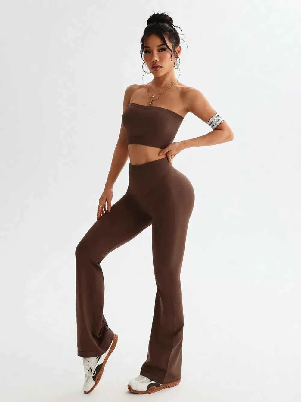 Tube Top & High Waist Flare Pants Active Set.