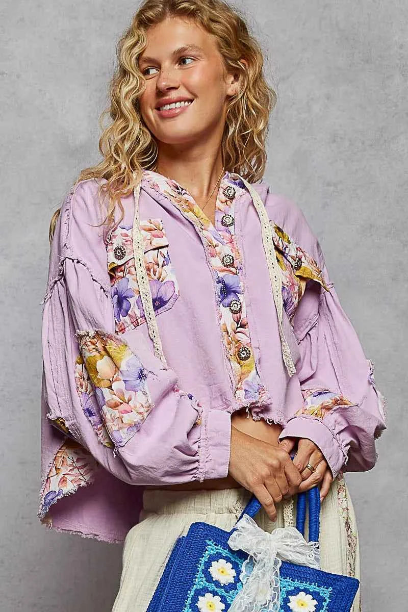 POL Floral Print Cropped Hooded Jacket with Raw Hem.