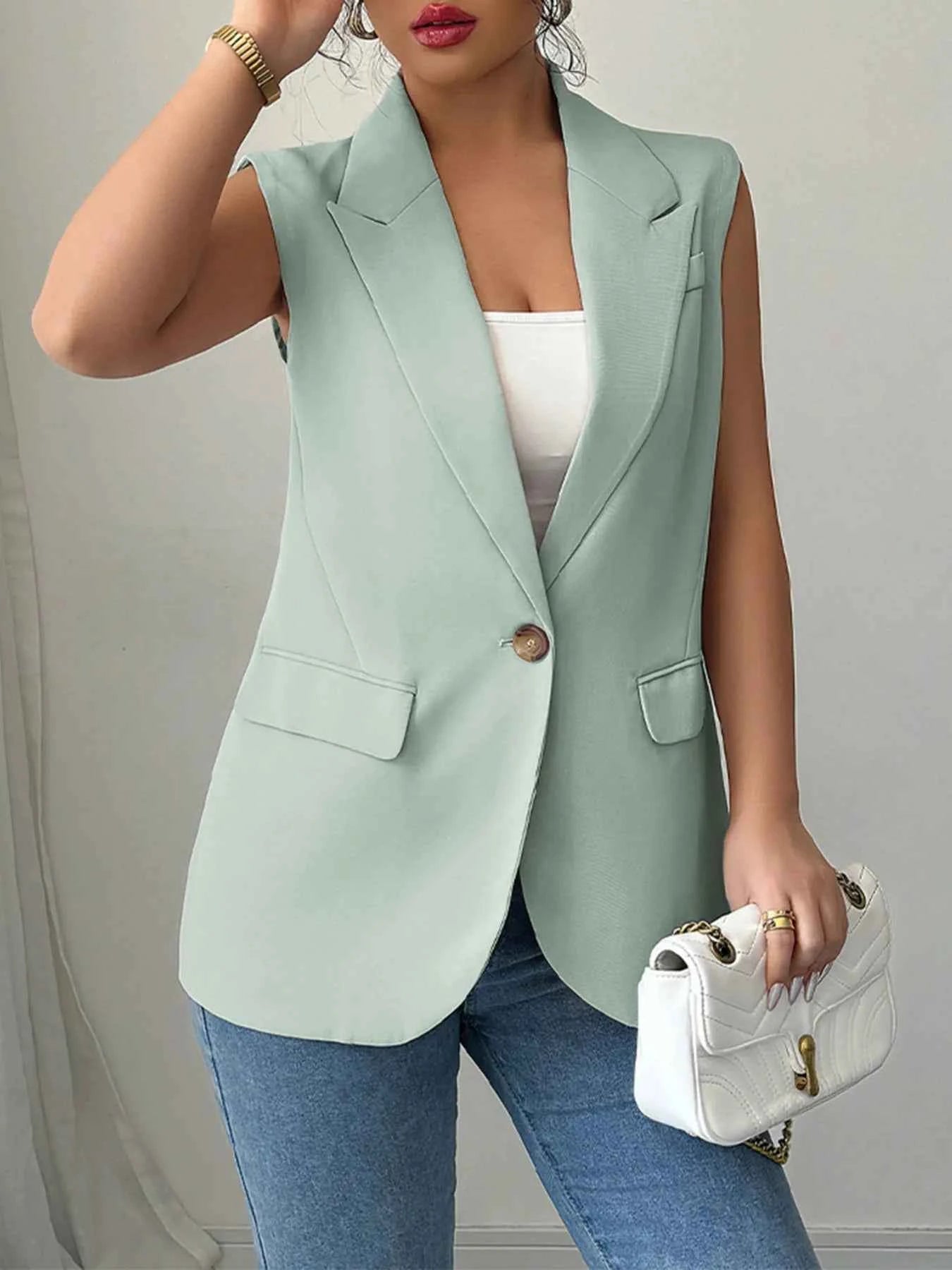 One Button V-Neck Blazer Vest Coat.