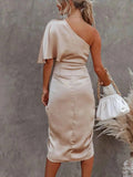 One-Shoulder Satin Wrap Dress with Side Slit.