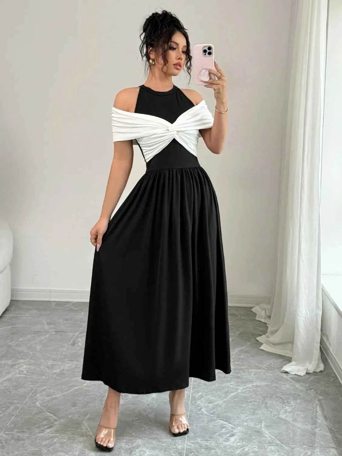 Twisted Contrast Cold Shoulder Midi Dress.