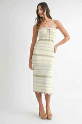 MABLE Contrast Striped Crochet Knit Midi Dress.