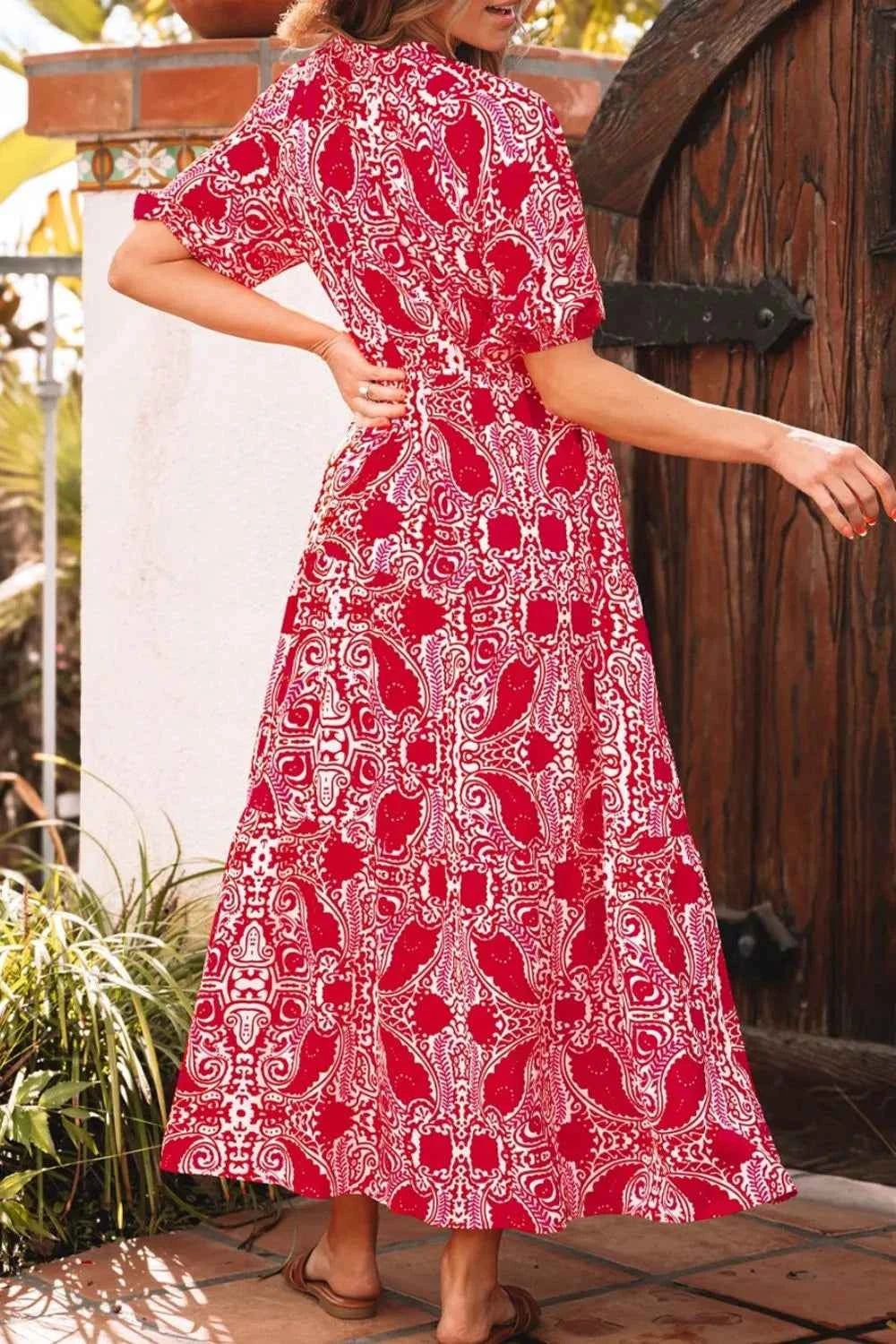 Paisley Print Puff Sleeve High Waist Maxi Dress.