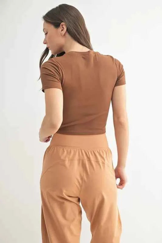 MONO B Essential Micro-Ribbed Cropped Athleisure Tee.