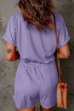 Full Size Drawstring V-Neck Short Sleeve Romper.