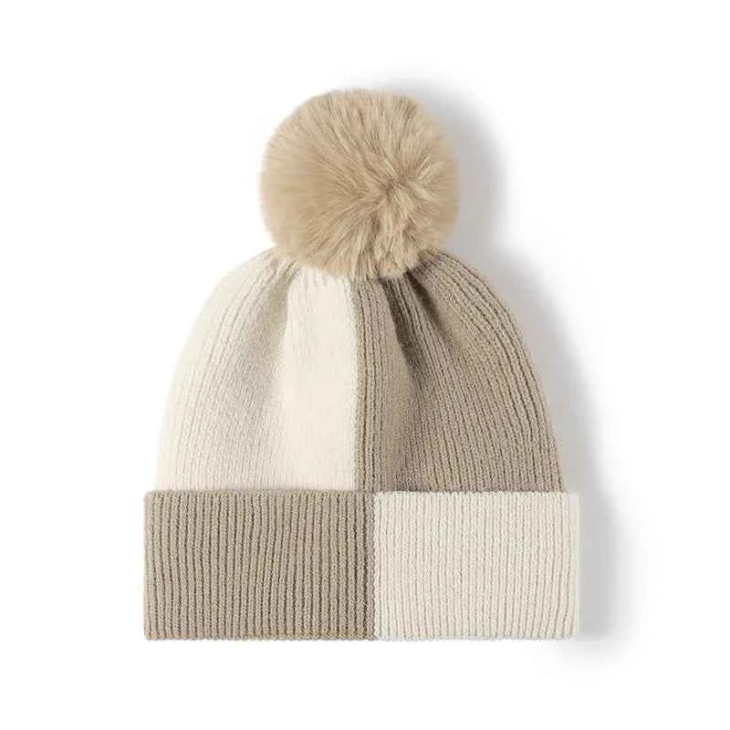 Color Block Knit Hat with Pom-pom.