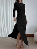 Ruched Long Sleeve Maxi Dress with Slit.