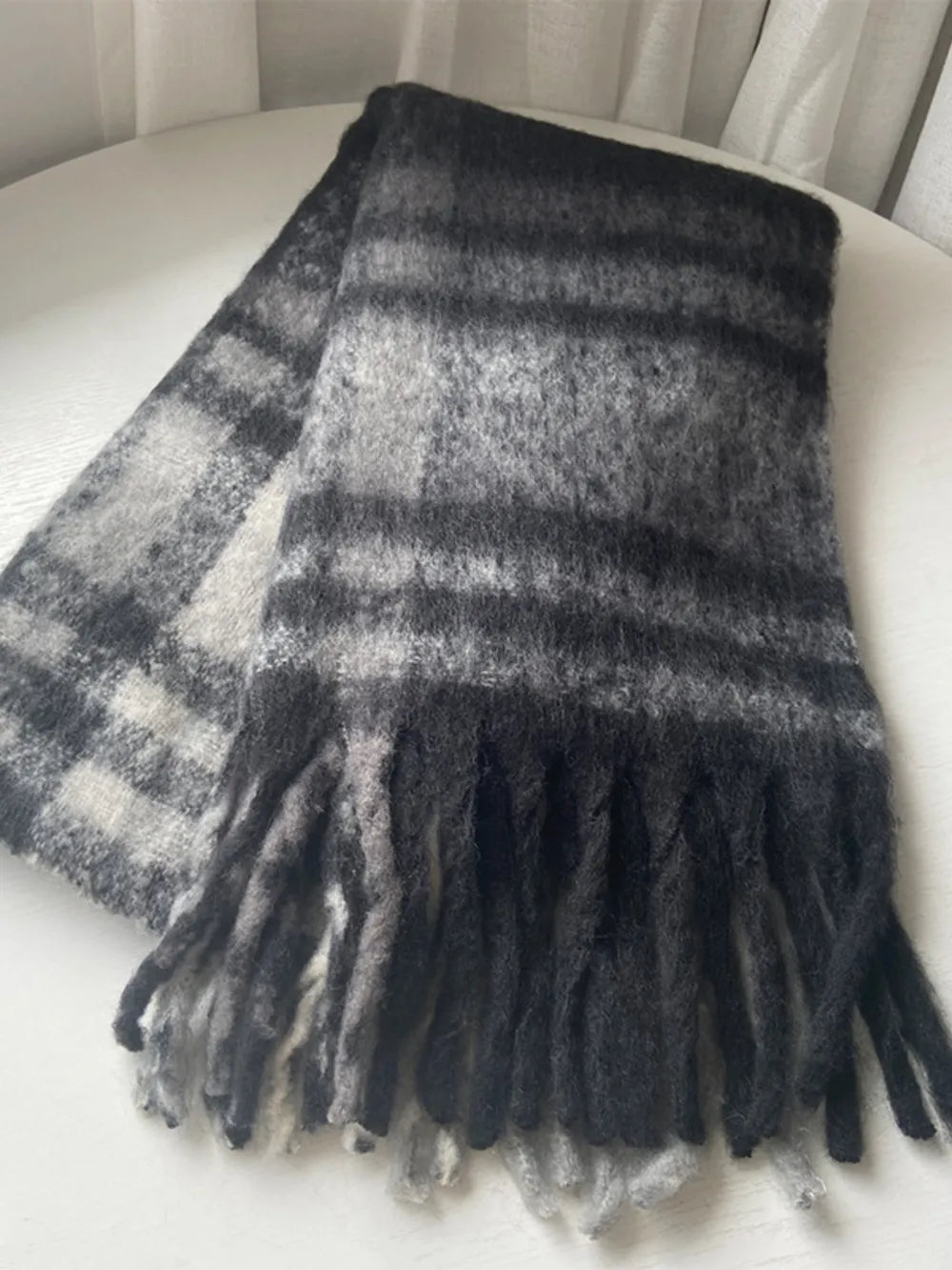 Fringe Plaid Polyester Scarf.
