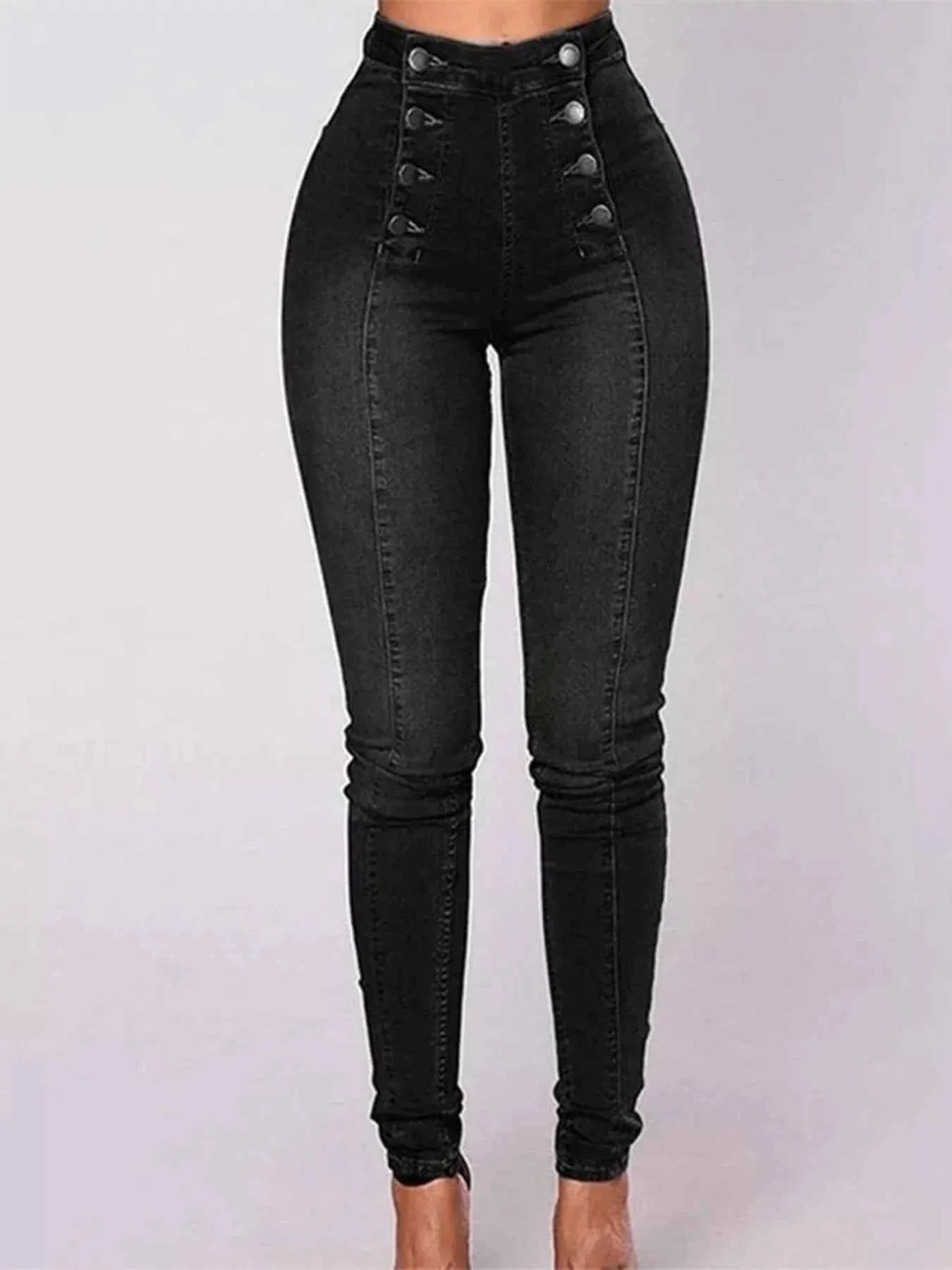 Full Size High-Waisted Double-Breasted Skinny Jeans Plus Size.