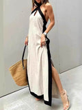 Contrast Halter Sleeveless Maxi Dress.